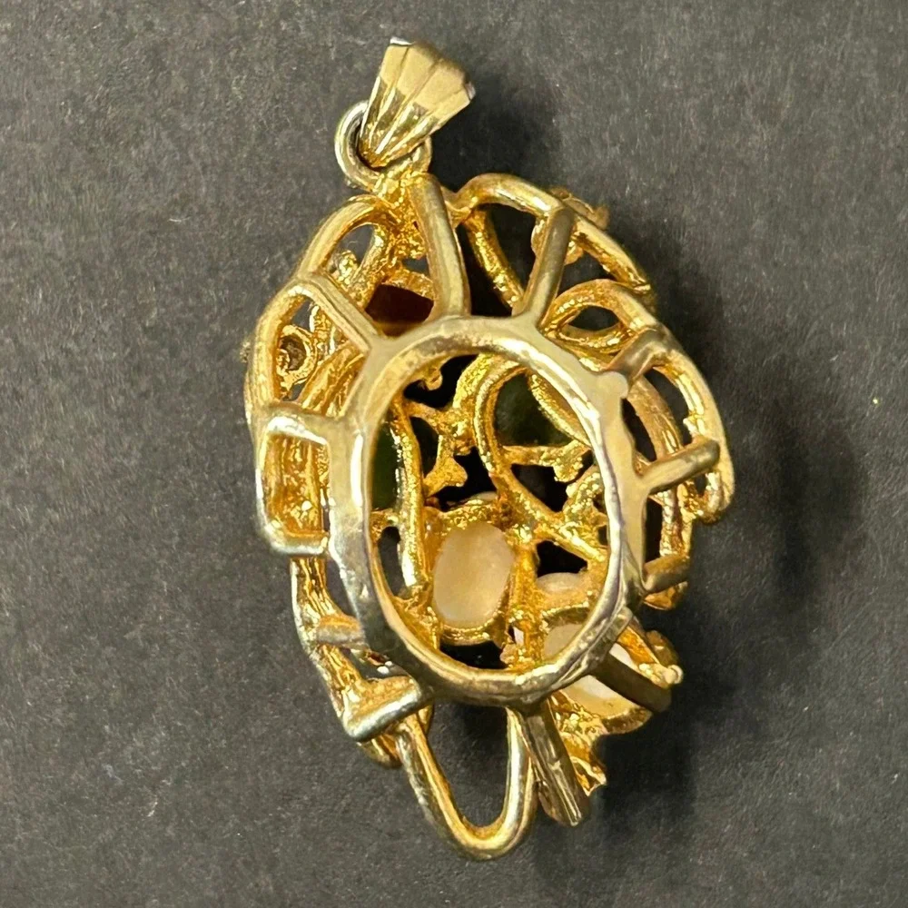 Pendant Women Gold Filigree Simulated Tiger Eye, Jade, and Opal Rhinestone